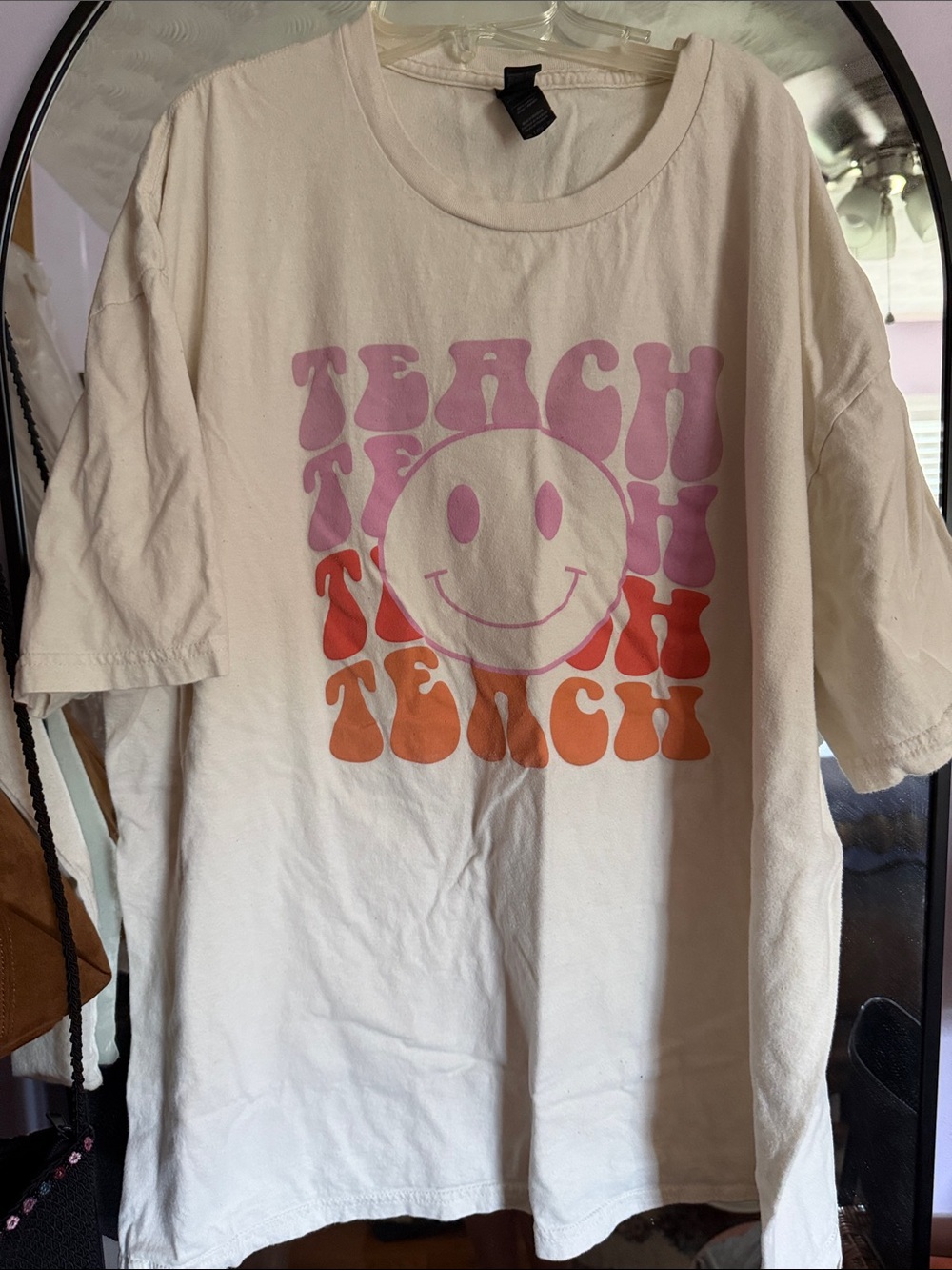Teacher White Tee with Pink & Orange Smiley Graphic